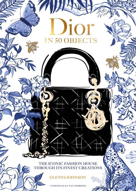 „Dior in 50 Objects“. Illustration: Tasche umgeben von Blumen, Schmetterling und Biene.