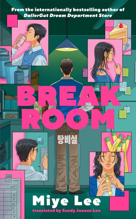 "BREAK ROOM" in großen pinken Buchstaben. Verschiedene Personen genießen Snacks und Getränke in einem Pausenraum.