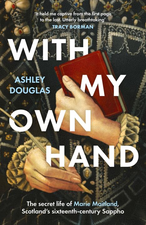 "WITH MY OWN HAND" von Ashley Douglas. Gemälde: Eine Hand hält ein rotes Buch und eine Schreibfeder auf verziertem Hintergrund.