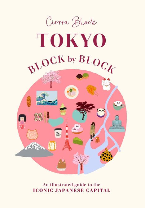 Titel: "TOKYO BLOCK by BLOCK". Runde Illustration mit japanischen Symbolen wie Sushi, Kirschblüte und Tokyo Tower.
