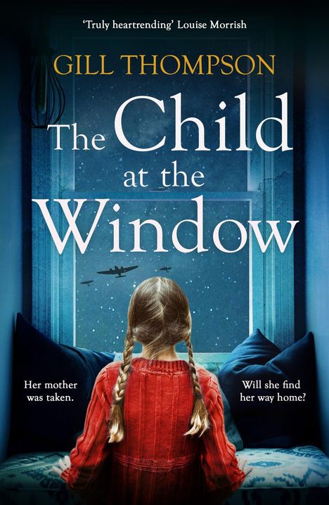 Titel: "The Child at the Window." Ein Mädchen mit Zöpfen, in Rot gekleidet, sitzt am Fenster, draußen fliegen Flugzeuge.