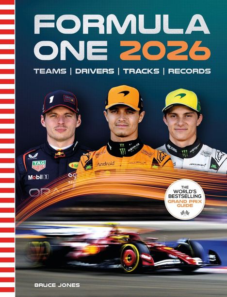 "FORMULA ONE 2026 TEAMS DRIVERS TRACKS RECORDS" oben. Unten drei Fahrer in Rennanzügen, unten ein Formel-1-Auto.