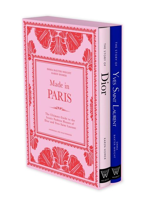 "Made in Paris" in rotem Text auf rosa Hintergrund, begleitet von dekorativen Mustern und zwei Buchrücken mit weißen Titeln.