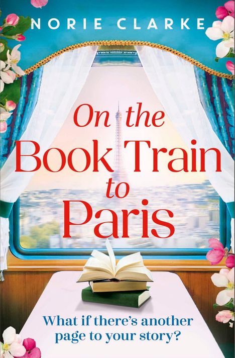 "On the Book Train to Paris." Vorhang mit Blumen, Eiffelturm im Fenster, zwei Bücher auf einem Tisch.