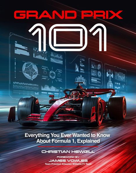 "GRAND PRIX 101", ein Formel-1-Auto vor technischen Diagrammen, Text: "Everything You Ever Wanted to Know About Formula 1, Explained".