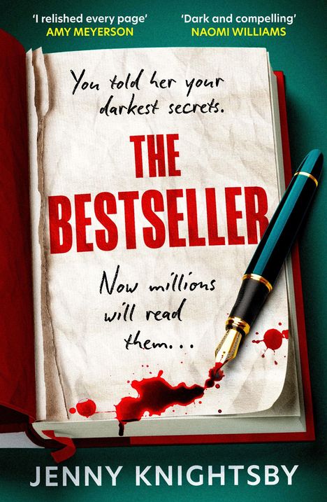 „You told her your darkest secrets. THE BESTSELLER. Now millions will read them...“ Blutflecken, Füller über Buch.