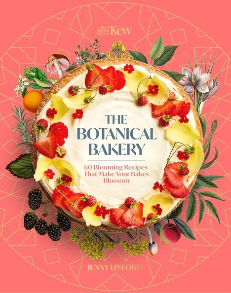 "The Botanical Bakery: 60 Blooming Recipes That Make Your Bakes Blossom" steht auf einer blumengeschmückten Torte.