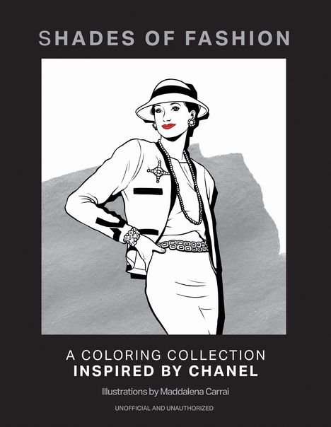 "SHADES OF FASHION" oben, "A COLORING COLLECTION INSPIRED BY CHANEL" unten, Illustration einer stilvollen Frau.