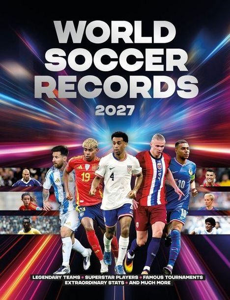 „WORLD SOCCER RECORDS 2027“ oben, darunter Spieler in Aktion. Untertitel: Legenden, Stars, Turniere und mehr.