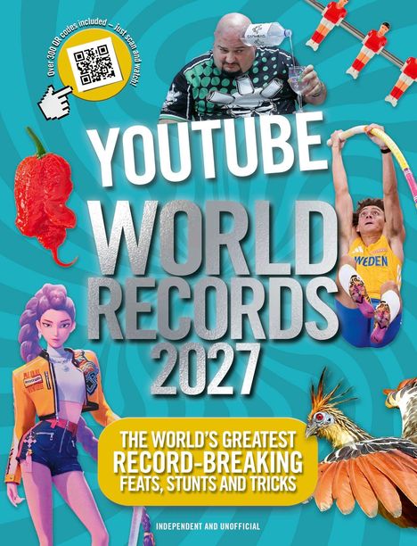 YouTube World Records 2027. Menschen, Chili, Vogel, Illustration. QR-Code oben links mit Text: "Over 300 QR codes included..."