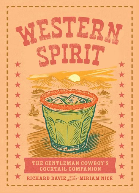 "Western Spirit" in roter Schrift, darunter ein Cocktailglas mit rotem Rand und Eis vor einem Wüstenhintergrund.