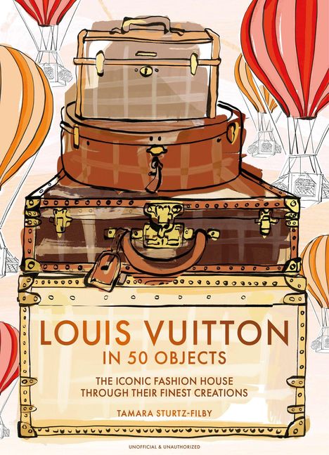 Bucheinband mit Text: „LOUIS VUITTON IN 50 OBJECTS“; gezeichnete Koffer und Heißluftballons.
