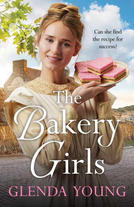 „Can she find the recipe for success? The Bakery Girls. Glenda Young.“ Frau mit Tablett voller rosa Gebäck.