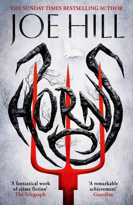 „HORNS” im oberen Bereich, darunter „Joe Hill”. Unten „COVER TO BE REVEALED”. Blau mit einem weißen H-Logo.