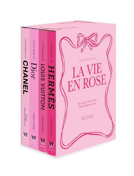 Vier rosa Bücher mit Titeln: Chanel, Dior, Louis Vuitton, Hermès. "La Vie en Rose", stilvoll dekoriert, Box-Set.