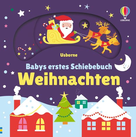 "Babys erstes Schiebebuch Weihnachten" auf lila Hintergrund. Santa in Schlitten, Rentiere, Schneelandschaft, bunte Häuser.