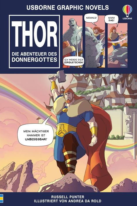 THOR: Die Abenteuer des Donnergottes. Ein Held mit Hammer vor einer Stadt auf einem Regenbogen. Comic-Stil.
