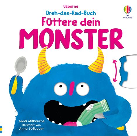 Titel: "Dreh-das-Rad-Buch: Füttere dein MONSTER".  
Illustration: Blaues Monster mit gelben Hörnern und Löffel.