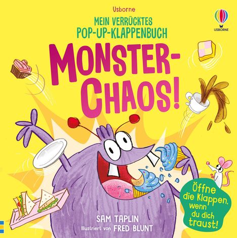 "MONSTER-CHAOS!", ein wildes Pop-up-Klappenbuch mit fröhlichem Monster, wirbelt Essen umher.