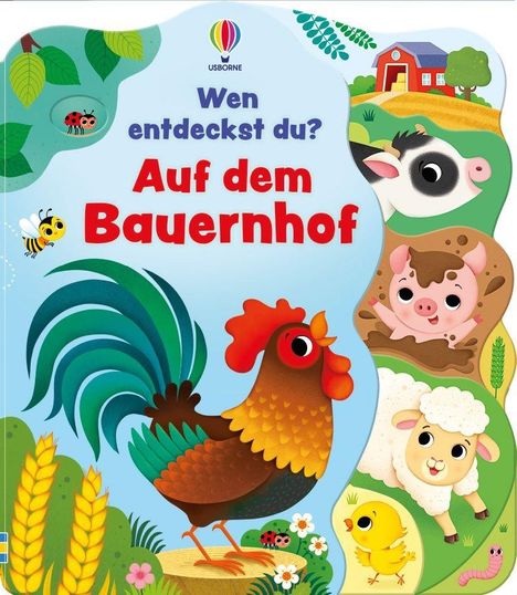 "Wen entdeckst du? Auf dem Bauernhof". Illustration von Tieren und einer Scheune, mit Hahn und anderen Bauernhoftieren.