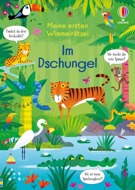 Auf grünem Hintergrund: "Meine ersten Wimmelrätsel". "Im Dschungel". Illustrationen von Tieren im Dschungel.