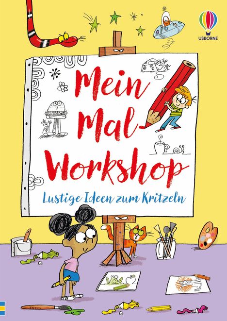 Text: „Mein Mal-Workshop: Lustige Ideen zum Kritzeln“. Illustration mit Kindern, Zeichnungen und einem roten Buntstift.