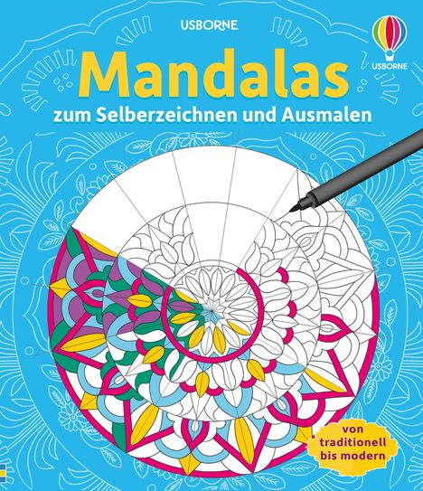 **Mandalas zum Selberzeichnen und Ausmalen**. Eine farbenfrohe Illustration eines zum Teil ausgemalten Mandalas.