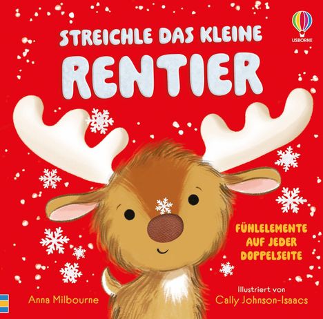 "STREICHLE DAS KLEINE RENTIER" steht oben in großen Buchstaben. Darunter ein lächelndes Rentier mit Schneeflocken.