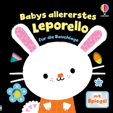 „Babys allererstes Leporello“ für die Bauchlage, mit Spiegel. Ein niedlicher gezeichneter Hase mit rosa Ohren.
