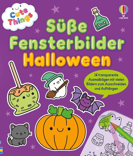 "Süße Fensterbilder Halloween. 14 transparente Ausmalbögen mit vielen Bildern zum Ausschneiden und Aufhängen."  
Verspielte Halloween-Illustrationen.