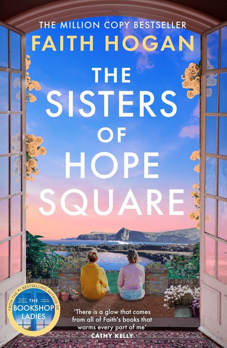 "The Sisters of Hope Square" steht über einer Landschaft mit Meer, Felsen und zwei Menschen, die aus einem offenen Fenster schauen.