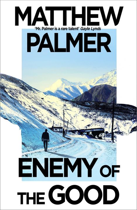 "MATTHEW PALMER", "Mr. Palmer is a rare talent" Gayle Lynds. "ENEMY OF THE GOOD". Person auf schneebedecktem Weg, Berge im Hintergrund.