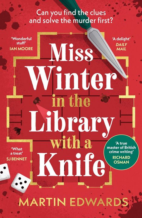 „Miss Winter in the Library with a Knife“, roter Hintergrund, Blutspuren, Messer, Würfel, Labyrinth, von Martin Edwards.