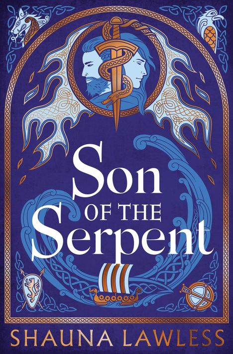 „Son of the Serpent, Shauna Lawless“ in keltischem Design, zeigt ein Wikinger-Schiff, ein Schwert und verschlungene Motive.