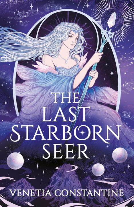"The Last Starborn Seer" und "Venetia Constantine" stehen vor einer mystischen Frau in einem himmlischen Gewand.