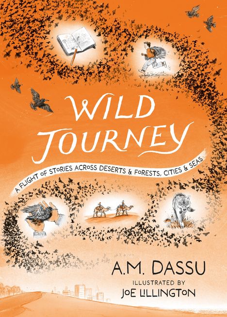 "WILD JOURNEY" mit Untertitel über Geschichten in Wüsten. Zeichnungen: Junge läuft, Vogel, Kamele, Wolf und Stadt im Orange-Ton.