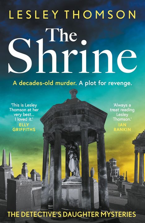 Titel: "The Shrine". Beschreibung: Ein Jahrzehnte alter Mord. Ein Plan für Rache. Bild: Friedhofsszene mit dunklem Himmel.