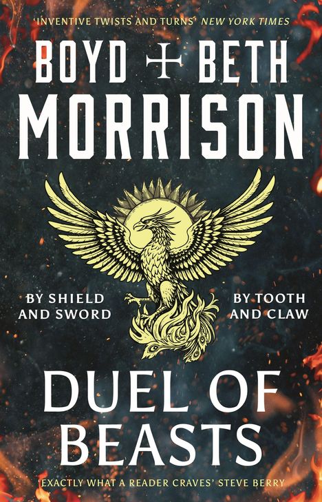 „DUEL OF BEASTS“, „BOYD & BETH MORRISON“, unten ein Logo von „HEAD OF ZEUS“ mit dem Text „An Aries Book“. Rot Hintergrund.