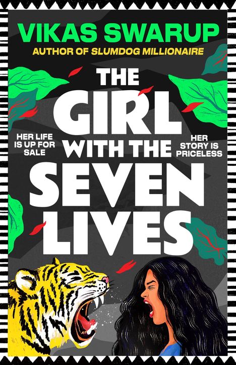 Buchtitel: "The Girl with the Seven Lives". Illustration: Tiger brüllt an, Frau mit offenen Mund, bunte Blätter.
