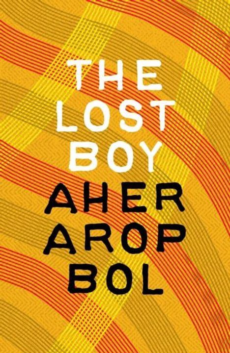 Text: THE LOST BOY AHER AROP BOL. Hintergrund: Gelbe und rote Wellenlinien, die ein Muster bilden.