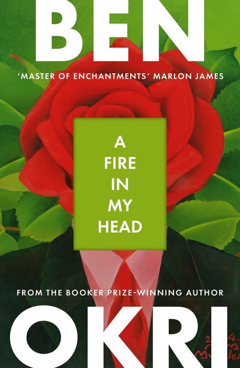"A Fire In My Head", großes "BEN OKRI". Illustration: Rote Rose, grüner Hintergrund. Text "Master of Enchantments" von Marlon James.
