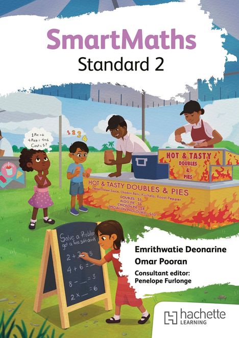 Buchtitel "SmartMaths Standard 2". Kinder lösen Matheaufgaben an einem farbenfrohen Verkaufsstand im Freien.