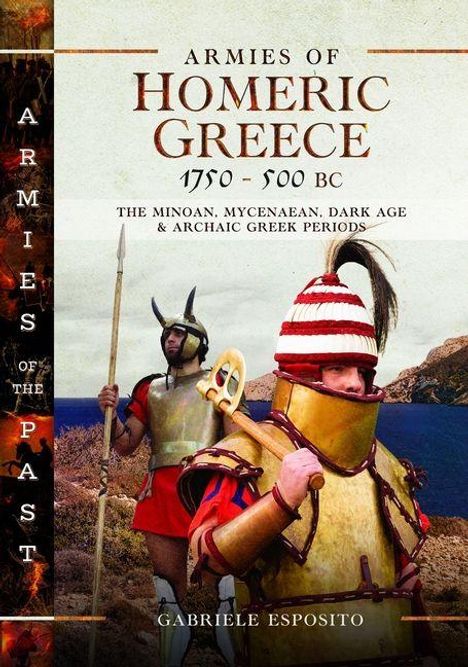 "Armies of Homeric Greece 1750-500 BC" zeigt zwei antike Krieger in Rüstungen vor einer Küstenlandschaft.