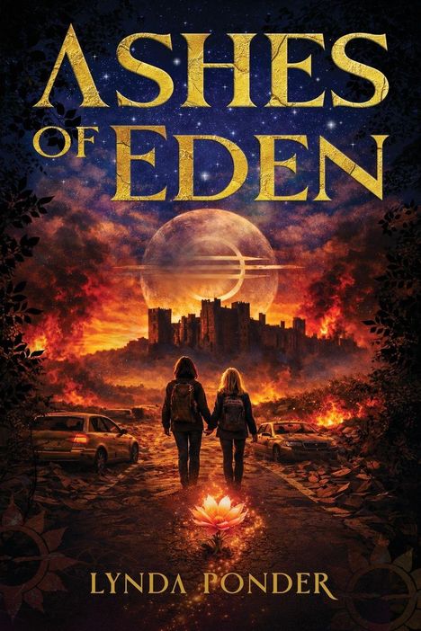 "ASHES OF EDEN", "LYNDA PONDER". Zwei Menschen halten sich an den Händen, gehen auf eine brennende Burg zu, umgeben von Autos.