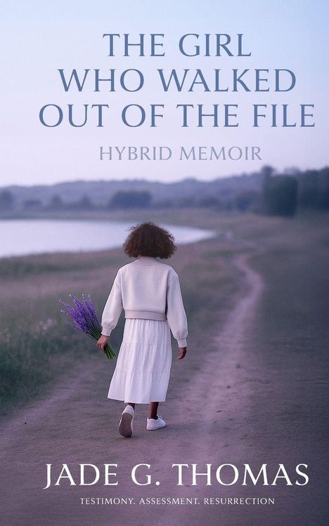 „THE GIRL WHO WALKED OUT OF THE FILE“ und „JADE G. THOMAS“. Mädchen am See, hält violette Blumen.