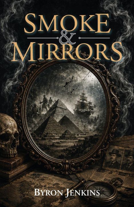 Text: "Smoke & Mirrors" und "Byron Jenkins". 

Eine viktorianische Illustration: Pyramiden, Schiffe, Spiegel und Totenkopf umgeben von Rauch.