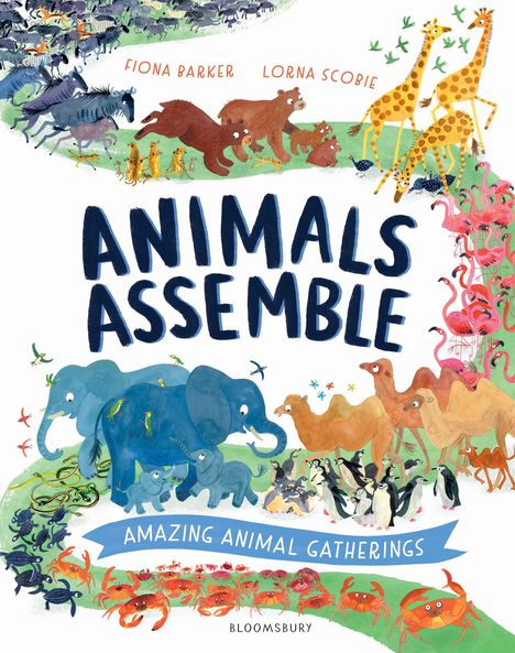 „ANIMALS ASSEMBLE“, „AMAZING ANIMAL GATHERINGS“. Illustration mit Elefanten, Giraffen, Flamingos und anderen Tieren.