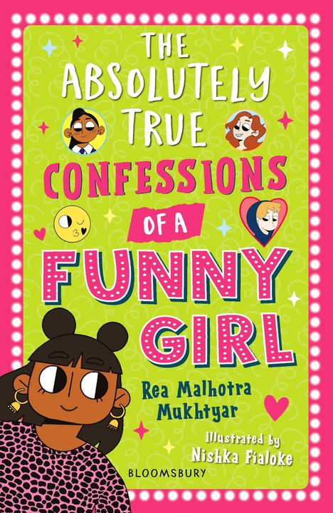 Text: "THE ABSOLUTELY TRUE CONFESSIONS OF A FUNNY GIRL." Illustration einer fröhlichen Figur mit Brille und Ohrringen.