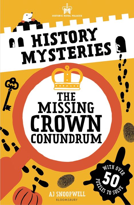 „History Mysteries: The Missing Crown Conundrum“, Illustration mit Lupe, Krone, Fußspuren und Schlüssel.