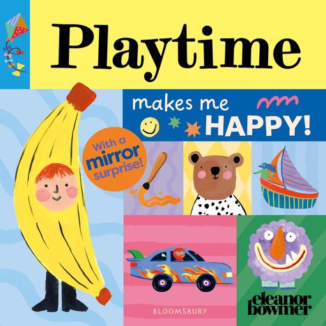 "Playtime" oben, "makes me HAPPY!" rechts. Illustrationen: Kind in Banane, Bär, Auto, Boot, Clownsgesicht. Bunt, fröhlich.